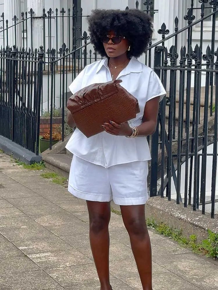 

Female Clothing 2 Piece Set for Women Summer Slimming Waist White Shirt and Shorts Elegant Lady Sets Wholesale Dropshipping