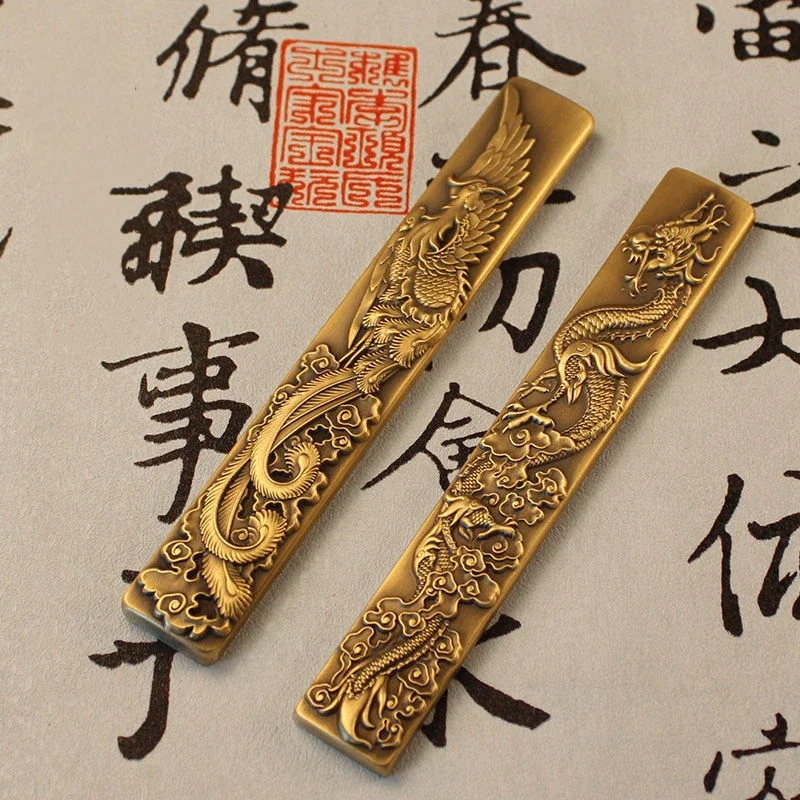 Chinese Style Brass Paperweight Antique Hand Painting Calligraphy Paperweight Vintage Brush Creative Writing Design