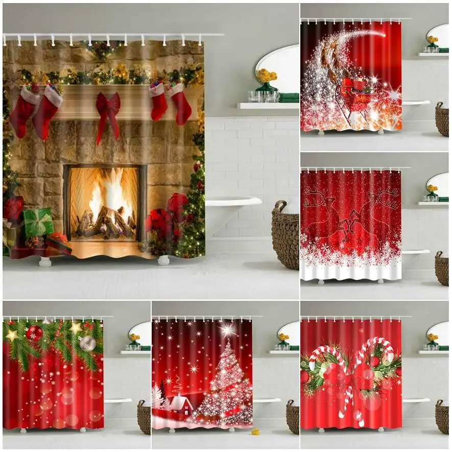 Merry Christmas Shower Curtain Christmas Home Decor Snowman Santa Claus Bathroom Curtain Polyester Fabric Bath Screen with Hooks