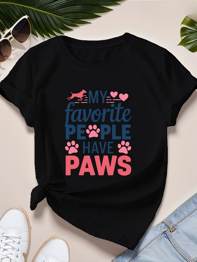 My Favorite People Have Paws T Shirt Women Cute Dog Cat Paw Print Graphic Tees Pink Heart Patterned  Crew Neck Short Sleeve Top