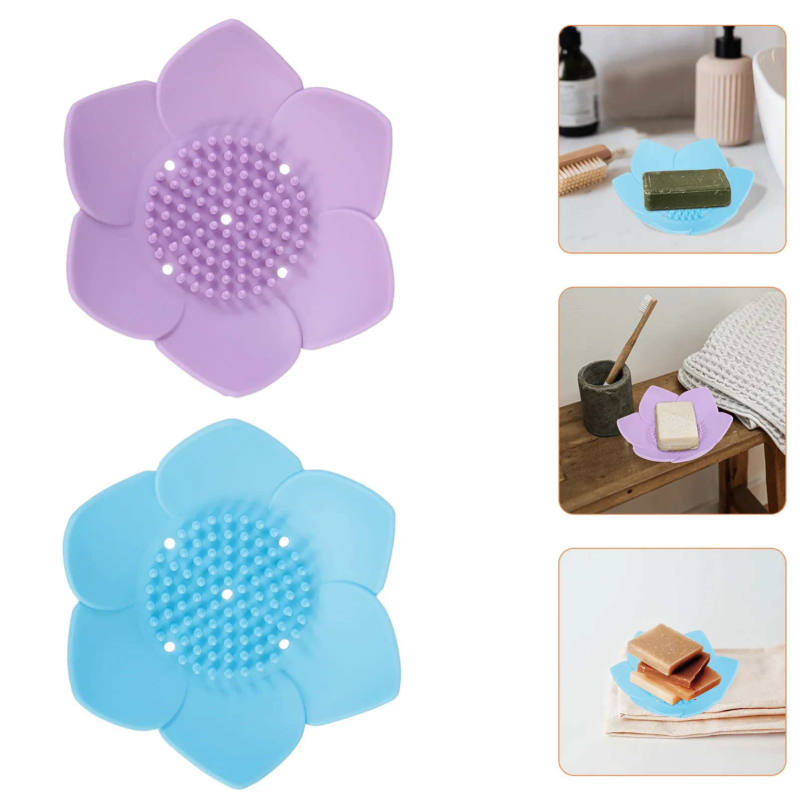 2Pcs Premium Silicone Soap Dish Three Dimensional Lotus Design Water Drainage Soap Tray for Bathroom Shower Kitchen Use
