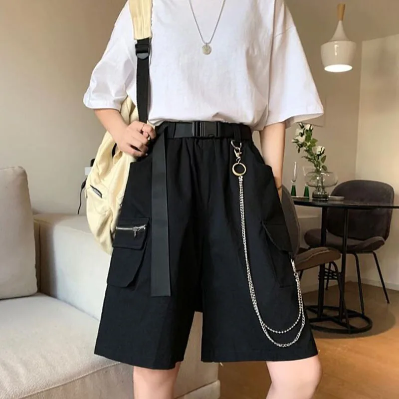 Biyaby Chain Shorts Women Spring Summer Y2K High Waist Loose Black Short Pants For Ladies Harajuku Pockets Hip Hop Shorts Woman