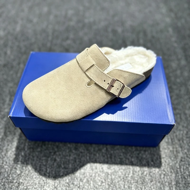 Winter 2027 Damen Wildleder-Mules mit dicker Sohle, Retro-Stil, pelzig gefüttert, Korkfußbett, Slip-On Outdoor-Clogs