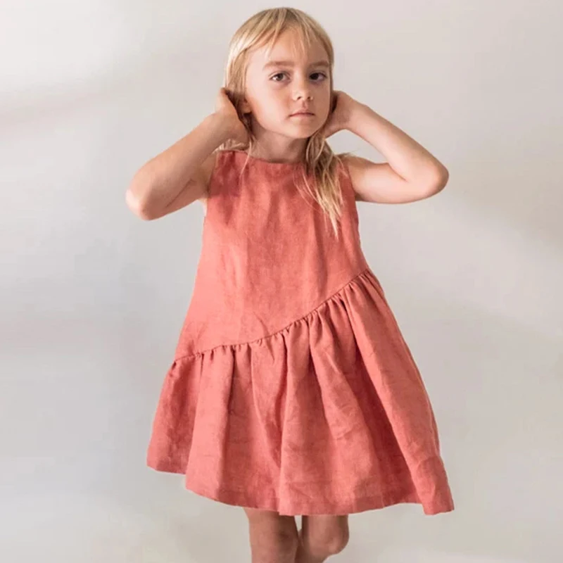 Girls Mori Vintage Cotton And Linen Dress Summer New Sweet Sleeveless Irregular Splicing Ruffled Hem Baby Girl Princess Dresses