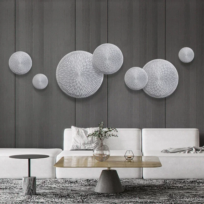 Modern Luxury Silver Wooden Round Shape Wall Mural Hotel Lobby Wall Hanging Crafts Home Livingroom Background Wall Sticker Decor