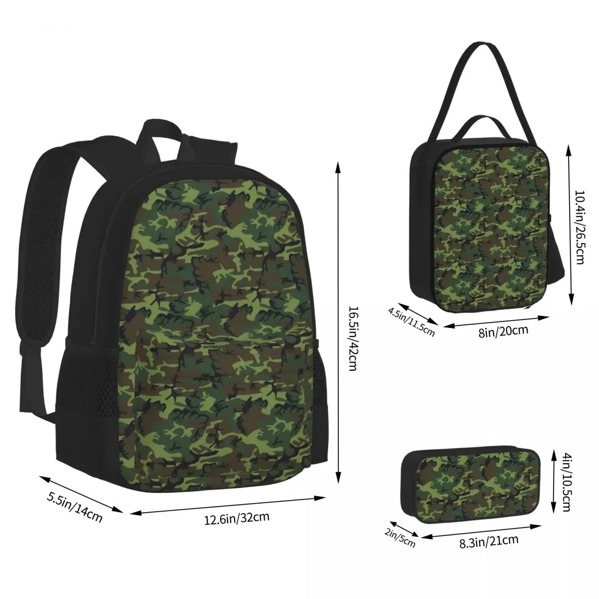 Cool Camouflage - Green Brown Black Backpacks Boys Girls Bookbag Students School Bags Rucksack Lunch Bag Pen Bag Three-Piece Set