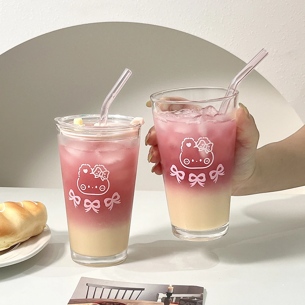 Kawaii Schleife Glasbecher mit Deckel Stroh süße Glasflasche für Eiskaffee Saft Matcha Tee 450 ml Wasserflasche Geschenk für Mädchen Frauen