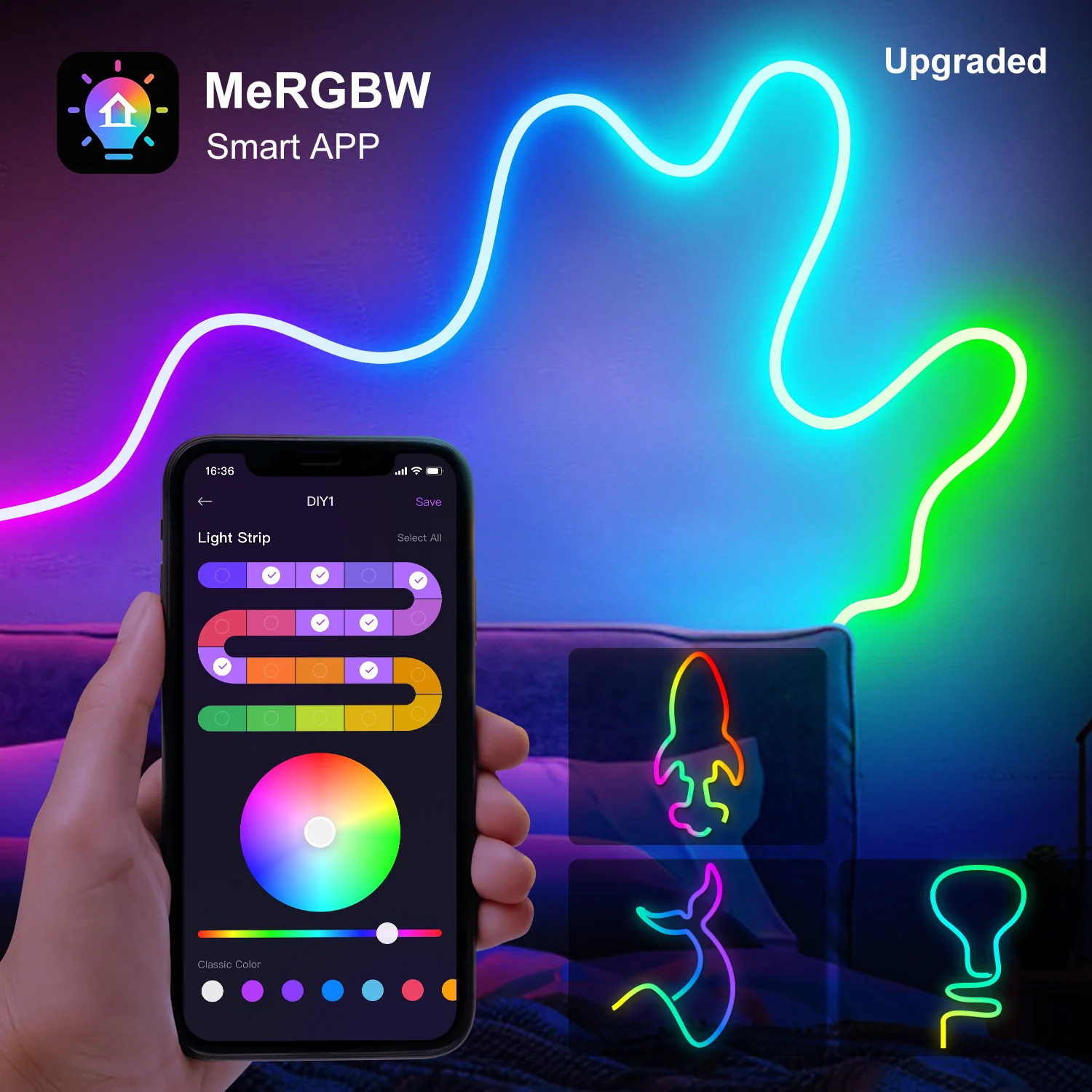 MeRGBW Neon LED Strip Lights 5V 1/2/3m Silicone Neon Rope Light with Music Sync DIY Dreamcolor Chasing Strip Tape for Game Room