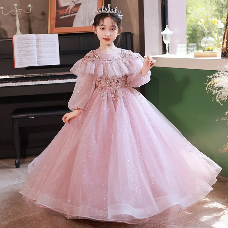 Newest Girls Formal Gala Ball Gowns Children Piano Performance Elegant Princess Dress Kids Birthday Party Luxury Shiny Costumes