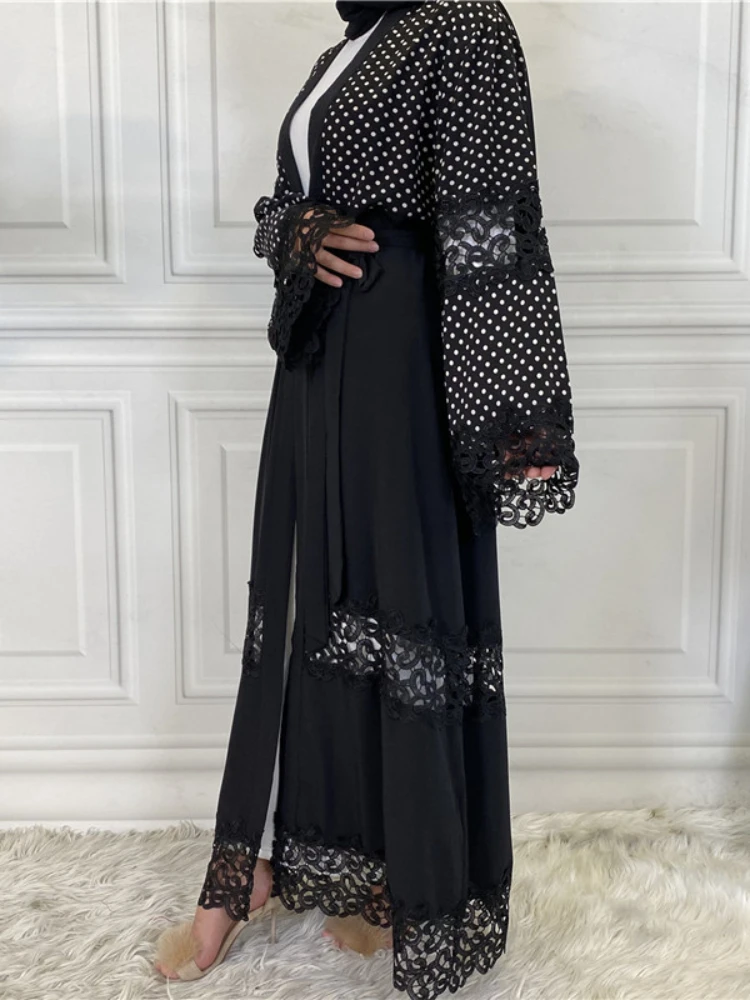 Eid Muslim Abayas for Women Cardigan Kimono Lace Polka Dot Party Abaya Morocco Caftan Ramadan Islam Dubai Arab Long Robe 2024