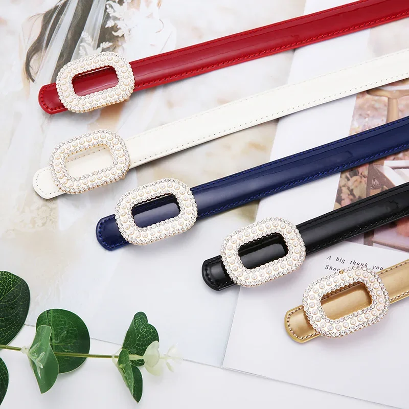 New Elegant Genuine Leather Women's Belt Painted Leather Material Water Diamond Daily Matching Short Skirt Jeans Decorative Belt