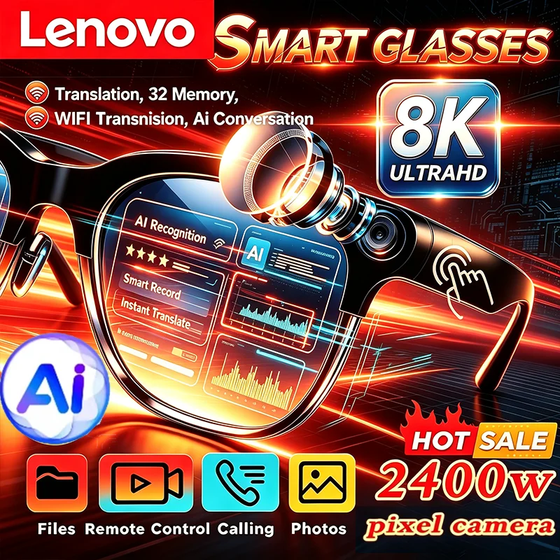 Lenovo 8k Women Men AI Smart Camera Glasses Music Playback AI Chat Translation Hands-Free Calling Logging óculos inteligente HOT