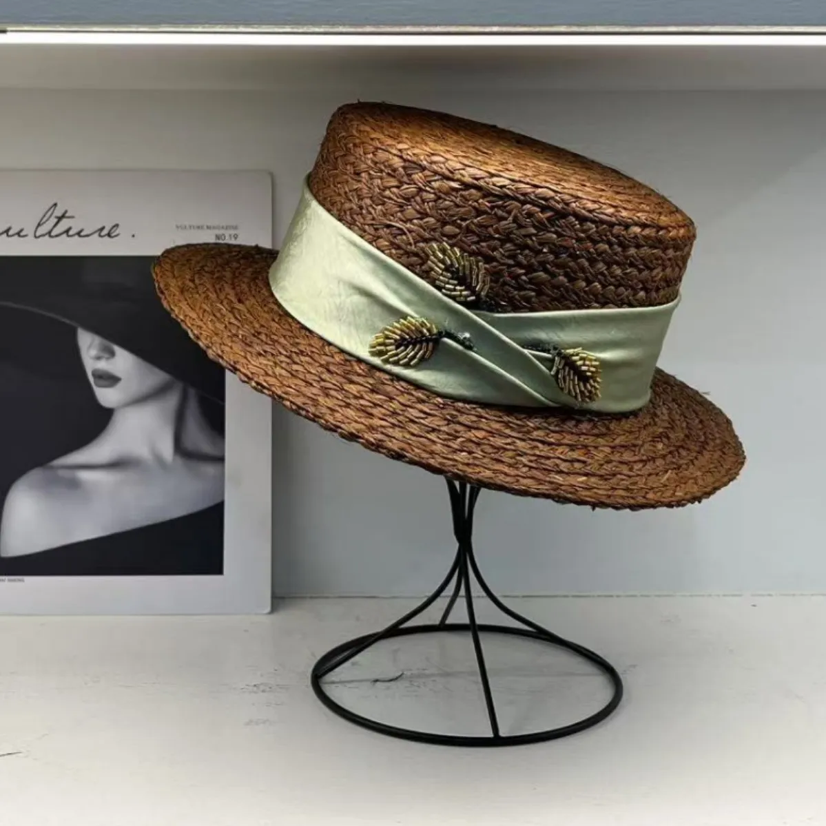 French High-End Lafite Grass Flat Top Hat Exquisite Elegant Sun Protection Shading Hat Women's Summer Outings