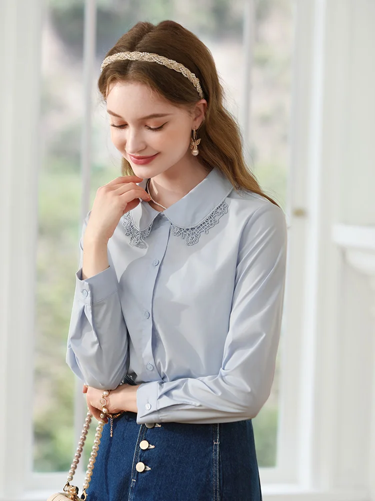 I BELIEVE YOU Shirt For Women 2023 Autumn New Blue French Lace Patchwork Peter Pan Collar Unique Chic Slim Blouses 2233055335