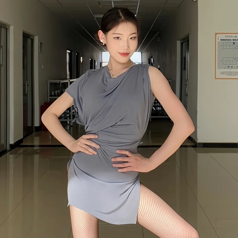 

Gray Latin Dance Dress Women Summer Practice Clothing Club Rumba Modern Dance Training Wear Adult Salsa Dance Dresses DNV23413