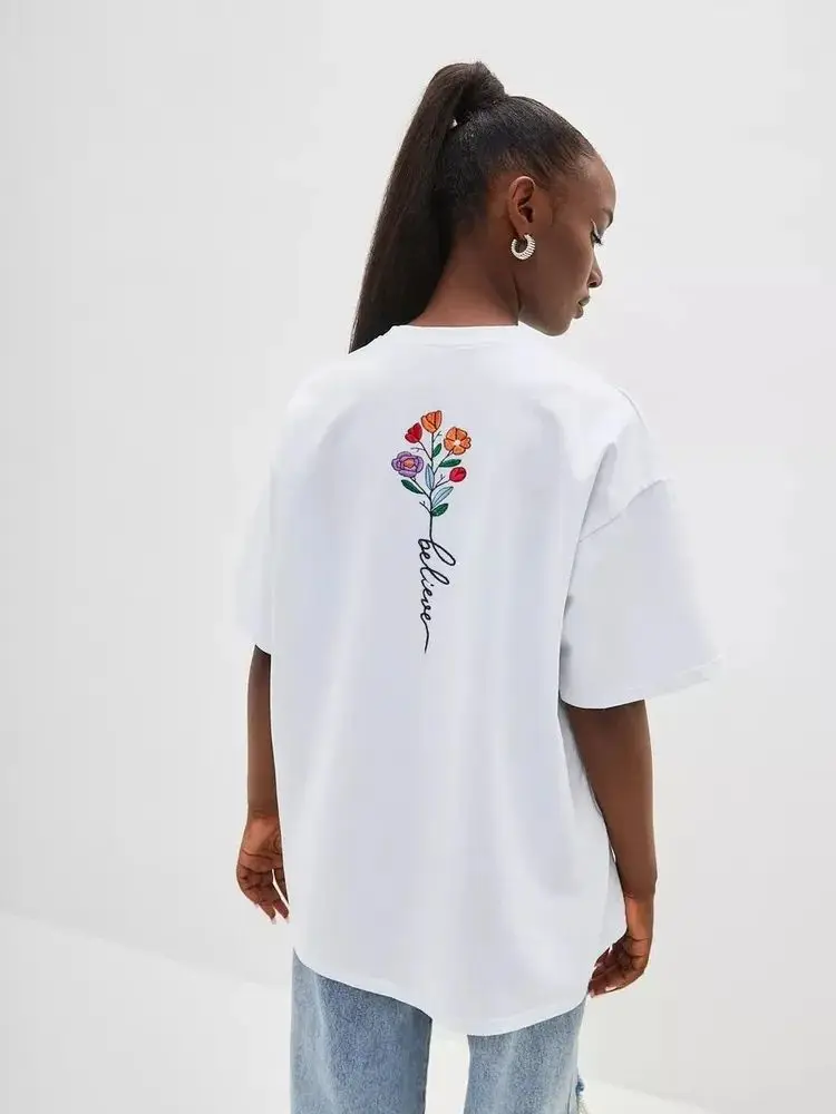 

Temperament Women French Style Easy Tee Back Printed Aesthetic Flower Print 100% Cotton Summer T-shirts Loose Casual Large Size