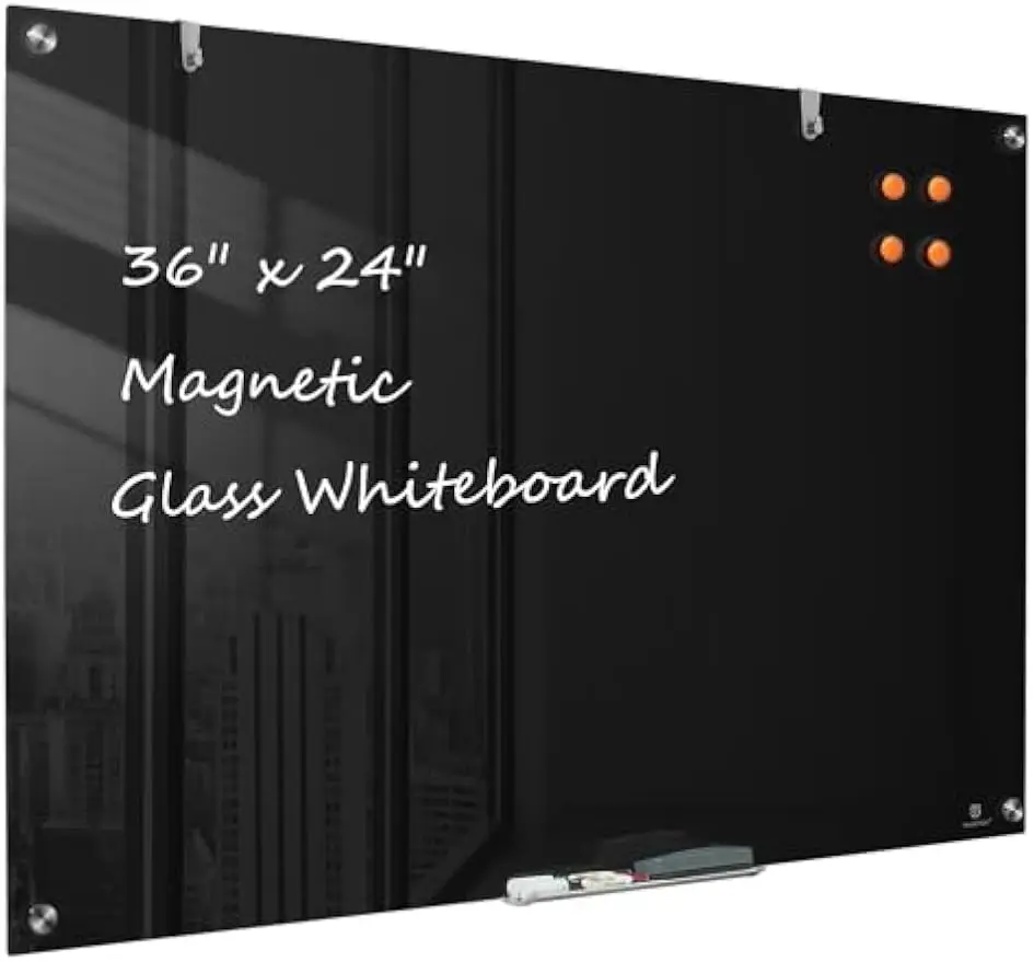 

36x24 Inch Wall Mounted Magnetic Glass Whiteboard - Frameless Large Dry-Erase Board for Office, Home & School