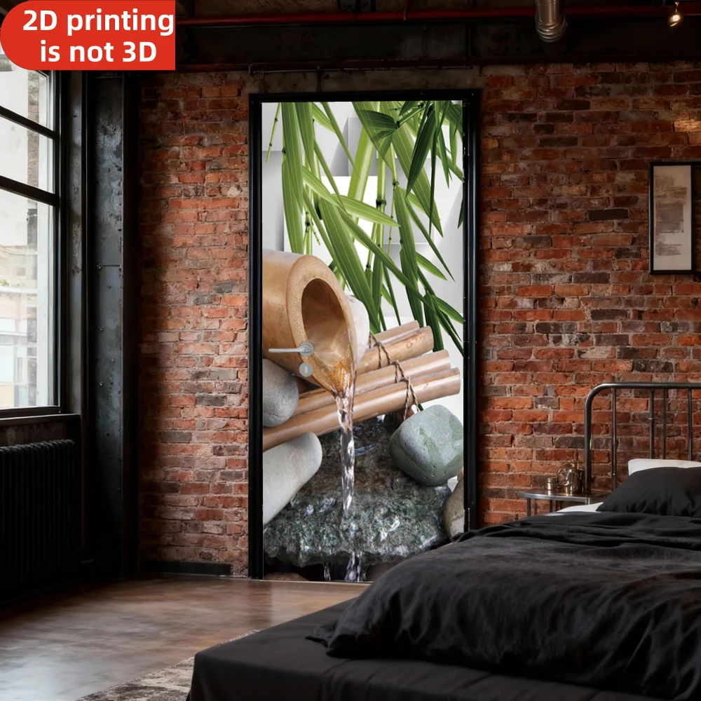 Self-adhesive Door Stickers Bamboo Water Flowing Over Stones Vinyl Fridge Cover Decal Peel and Stick Wallpaper for Home Decor