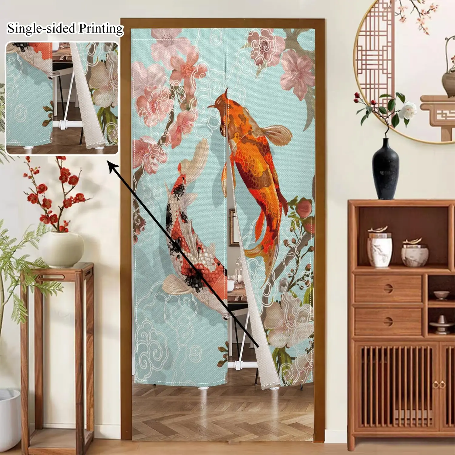 Japanese Noren Doorway Curtain Chinese Kio Fish Blossom Printing Window Treatment Feng Shui Long Style Noren Door Curtain