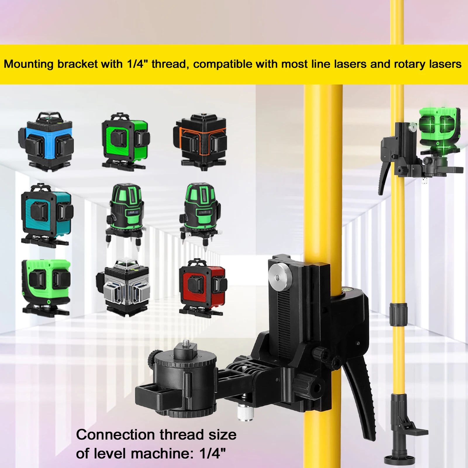 Max 4.2m Height Adjustable Line Leveler Stand Bar Telescopic Bracket 1/4'' Thread Lift Extend Holder for Laser Level