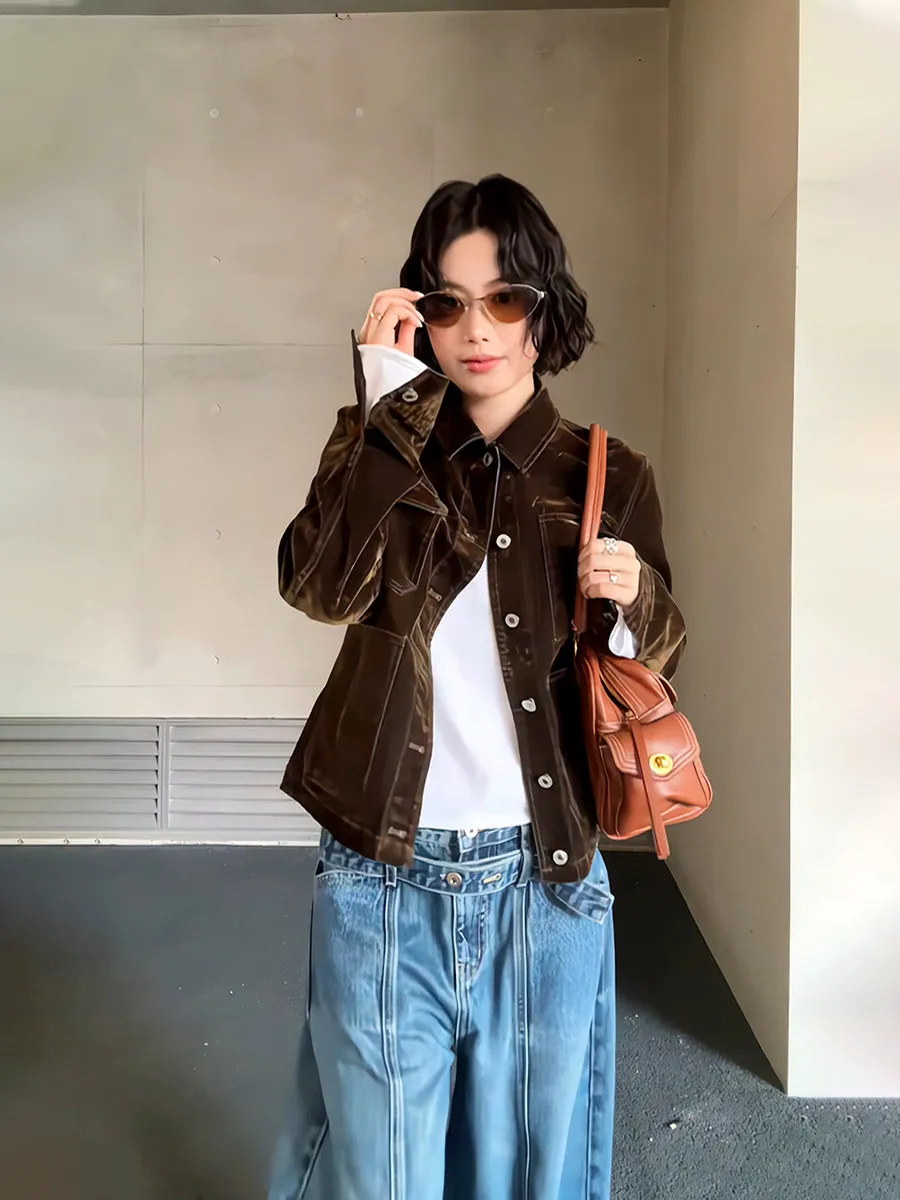 plus Size Women's Casual Style Short Jacket Deep Brown Flocked Loose Fit Turn-down Collar Autumn Top Ladies Fashion Slimming
