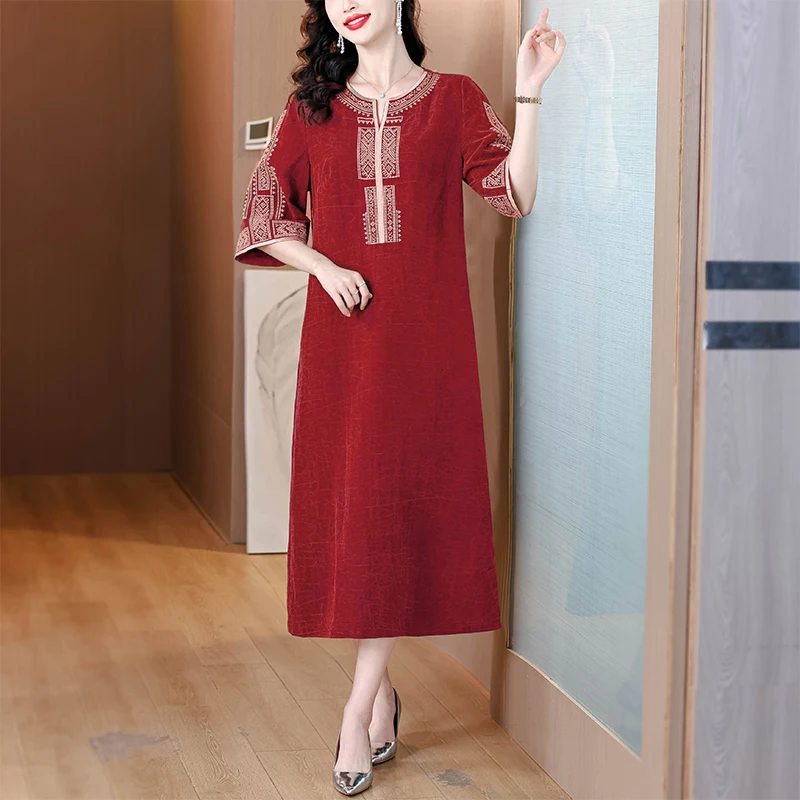 여름 정장 행사 실크 새틴 럭셔리 미디 드레스 여성 빈티지 자수 비치 보헤미안 드레스 2025 우아한 캐주얼 파티 드레스