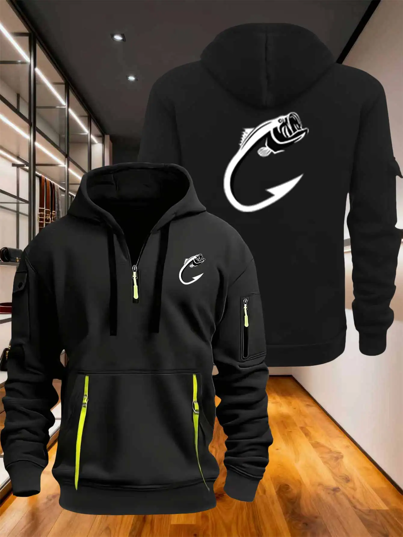 Men's Autumn/Winter Zipper Ribbon Sweatshirt with Fishhook Print, Casual Sporty Pullover Top, Halloween Style