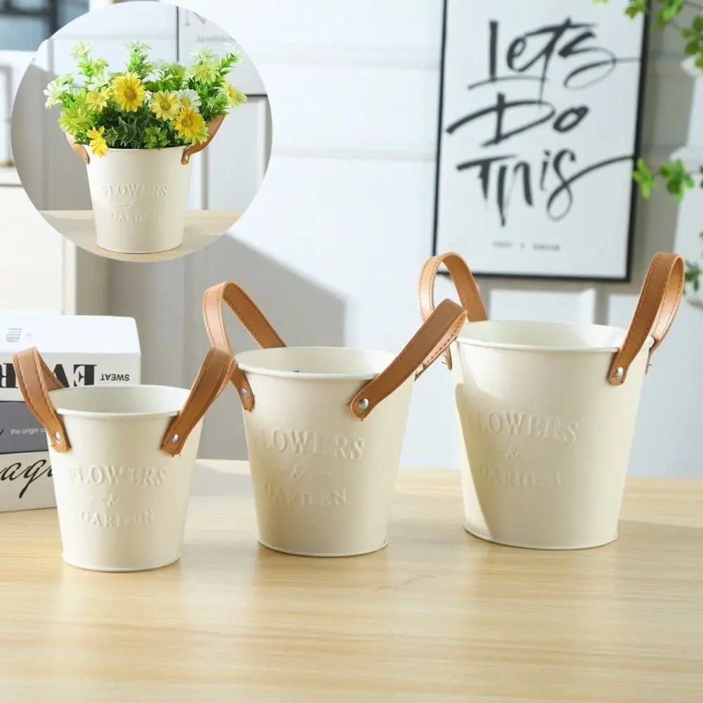 Quality Leather Handle Plant Pots Beige Color Iron Storage Basket Desktop Party Wedding Decoration Flower Pot Home