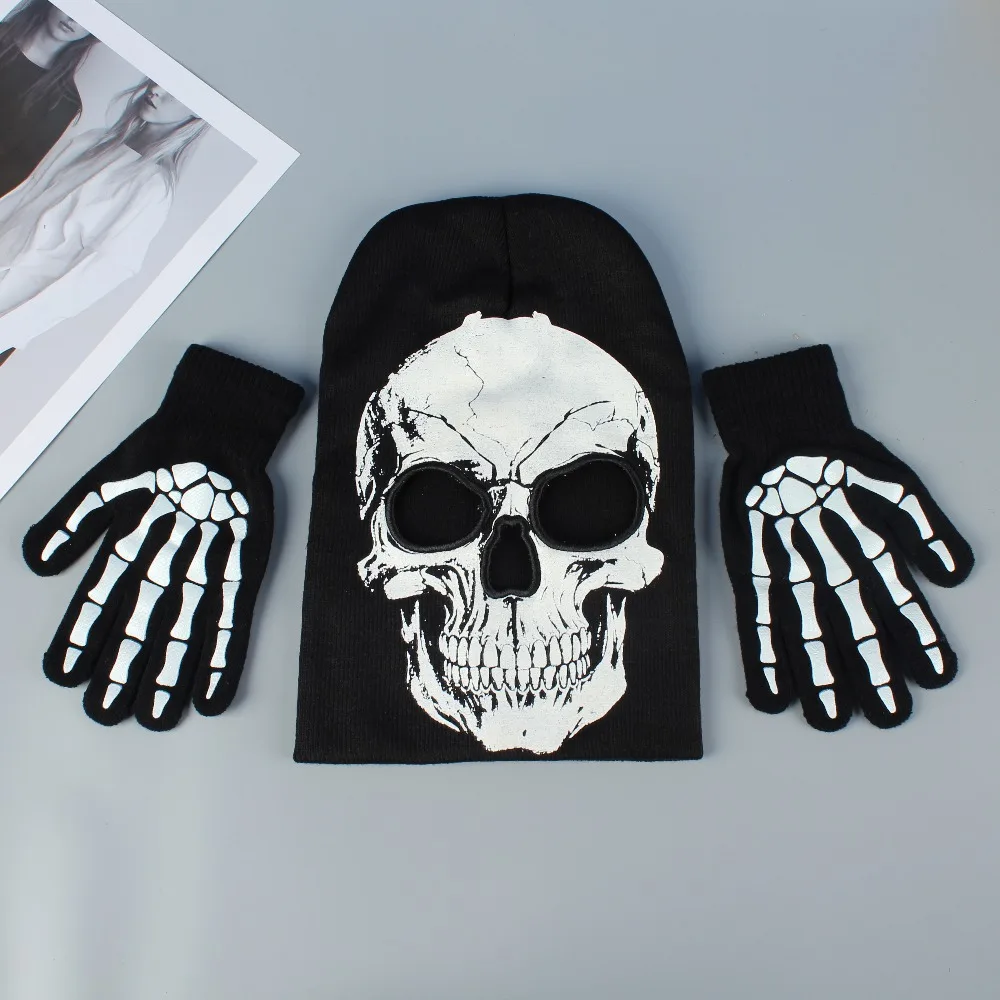 Schwarz-weiße Totenkopf-Handschuhe und Hüte für Männer und Frauen. Halloween-Party-Verkleidung, geeignet für winddichte und warme Wärme im Freien