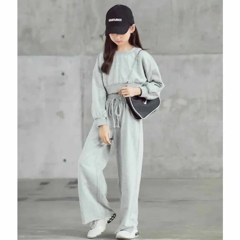 ZOETOPKID Mädchen Einfarbige Sets Kinder Langarm-Kurzpullover mit Hose 2-teilig Frühling Herbst Neue Kinder Mode Freizeitanzug – Detail 6