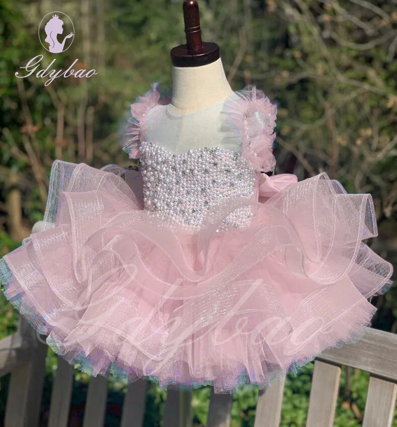 

Pink Layered Flower Girl Dress For Wedding Ruffles Tulle Puffy Knee Length Princess Pageant Kids Birthday First Communion Gown