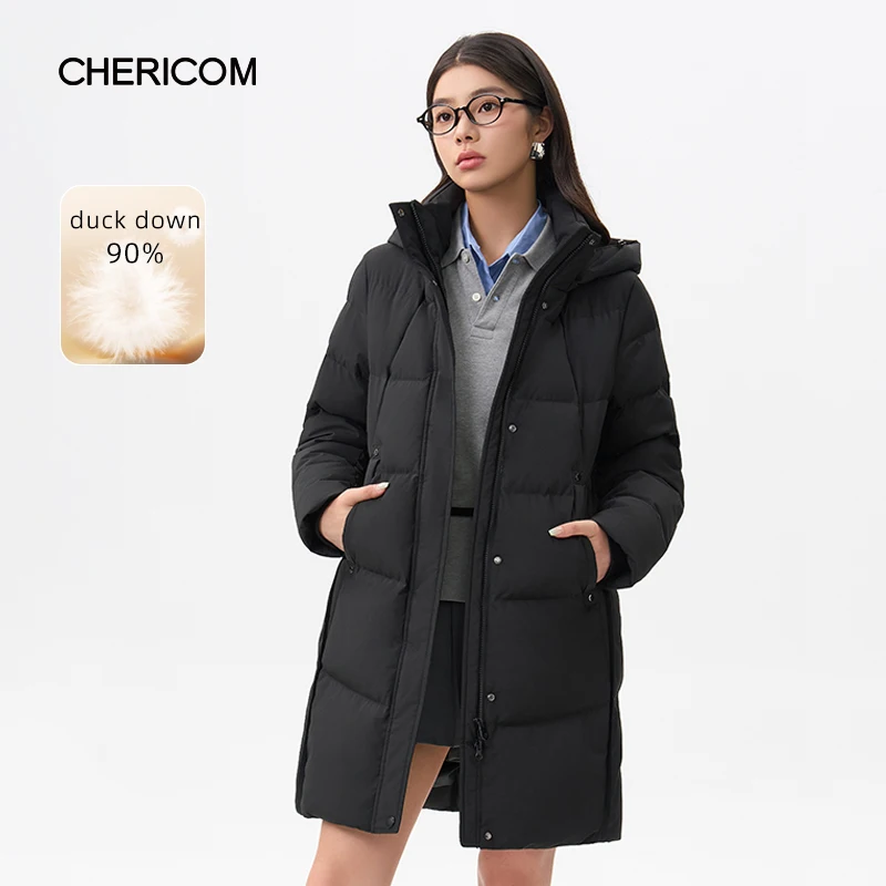 

Chericom женские пуховики средней длины, классические простые теплые ветрозащитные пуховики с капюшоном, зима 2021, однотонное женское пальто Y309179Y