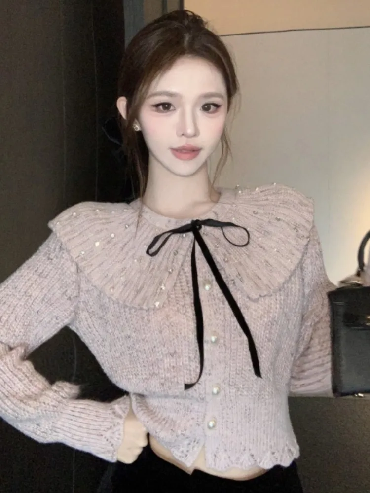

Sweet Knot Short Knitted Sweater Coat with Beads Doll Collar Spring Autumn Cute Style Women's Fashion Inner Wear