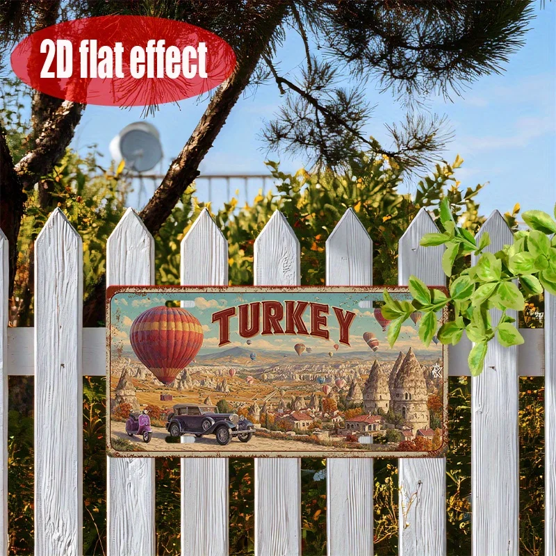 2D Flat, Retro Turkish Metal Tin Sign- 30.48X15.24cm Aluminum Wall Art with Hot Air Balloon And RV Design, Retro Home Decor, Sui