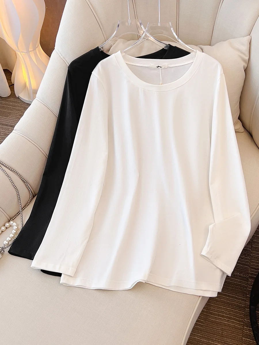 

150Kg Plus Size Women's Bust 153 Summer Long Sleeved Round Neck Shoulder T-Shirt Bottom Shirt Black White 5XL 6XL 7XL 8XL 9XL