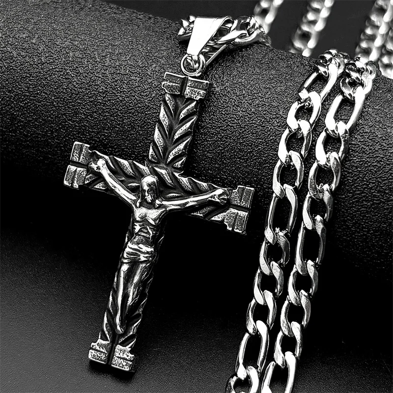 

Jesus Crucifix Cross Pendant Necklace Women Men Stainless Steel Black Male Christian Chain Hiphop Dark Punk Jewelry Accessory