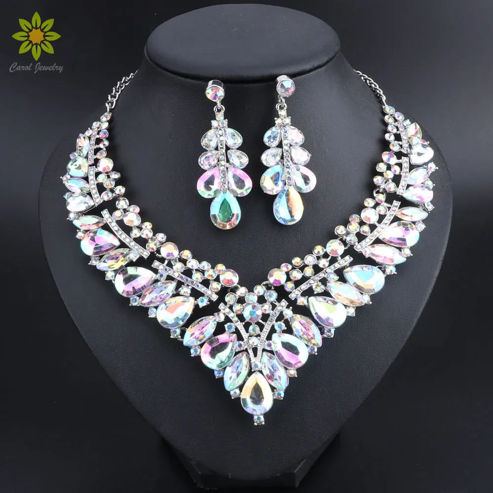 Luxury Wedding Jewelry Sets AB Color Crystal Necklace Earrings set Gifts for Women Dating Party Dresses Silver Color Accessories