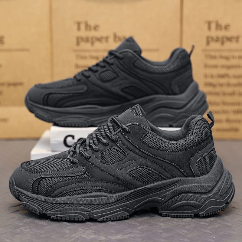 Pure Black Men's Shoes Spring 2026 New Non-slip and Wear-resistant Men's Running Sports Dad Shoes Thick Sole Sneakers