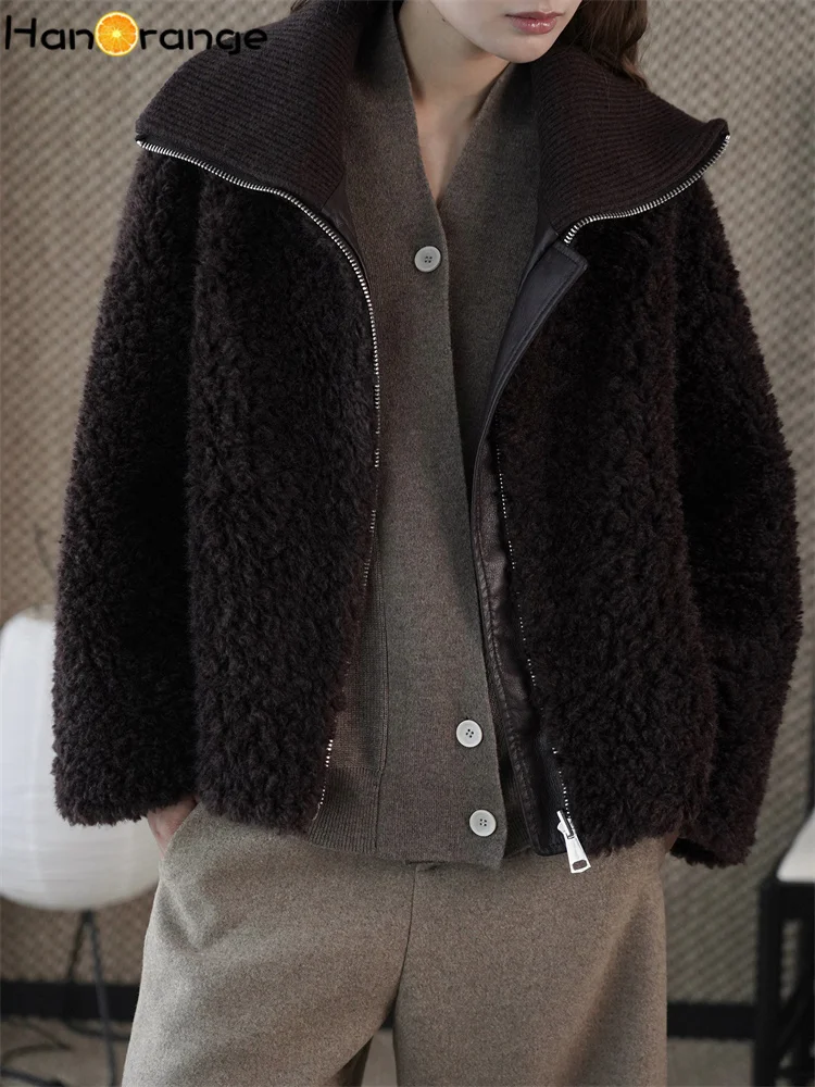 HanOrange 2025, зимняя ретро ленивая плюшевая куртка с воротником-стойкой и полумолнией, искусственная куртка из овечьей шерсти, свободное теплое пальто, дымчато-серый/шоколадный цвет
