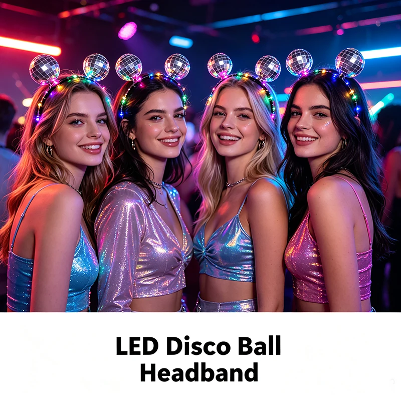 LED Disco Ball Headband Colorful Flashing Light Up Mirror Ball Hair Hoop Glowing Party Carnival Night Club Cosplay Costume Prop