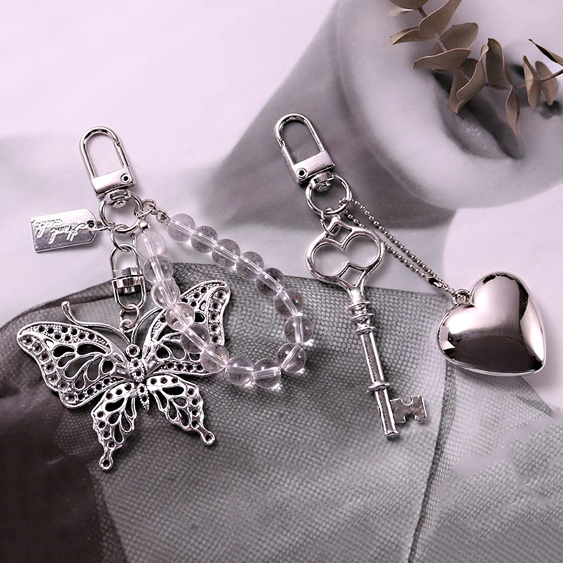 Ins Style Silver Heart Key Chain Metal Butterfly Pendant Headphone Case Charm Bag Decor Car Key Ring