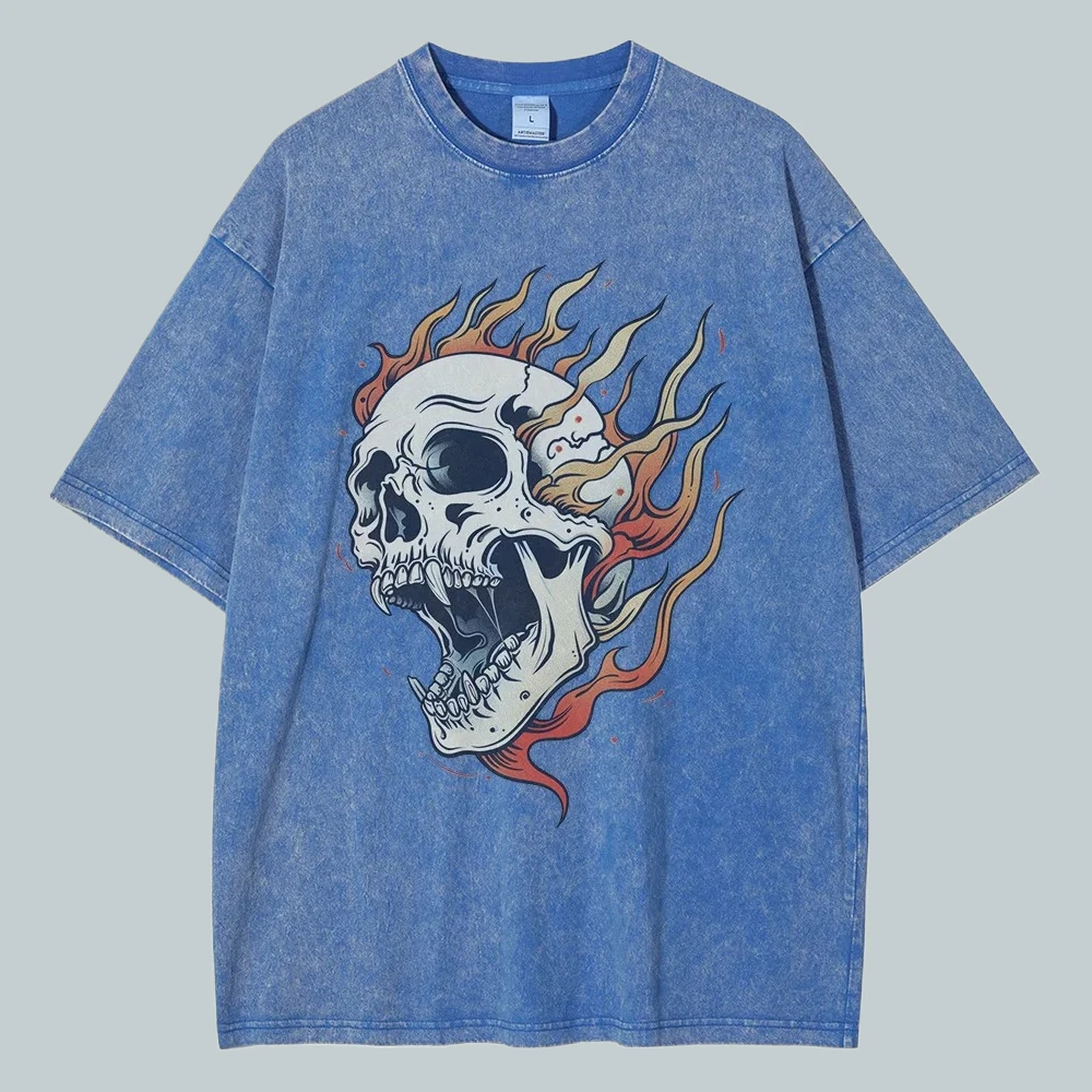 

Flame Skull Wash To Make Old T Shirts Heavyweight Pure Cotton Washed Multicolor T Shirt Retro Oversized Tops