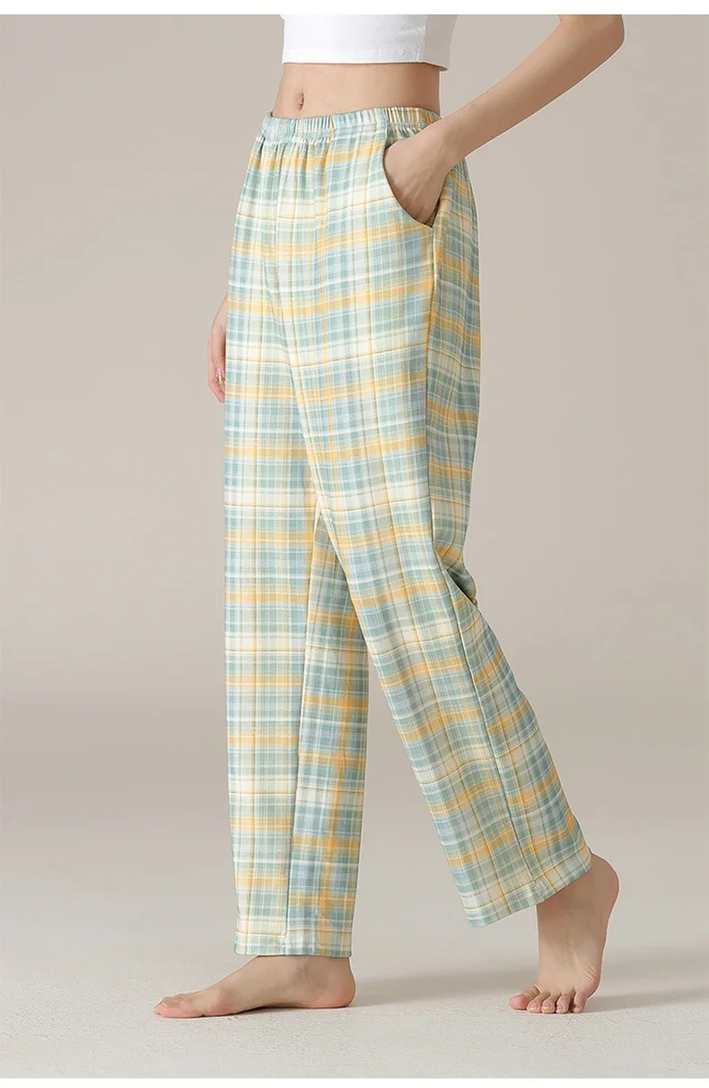 7A Antibacterial Cotton Sleep Pants Women Large Size Casual Loungewear Loose-Fit Pants Wearable Outdoors Plaid Print Versatile.