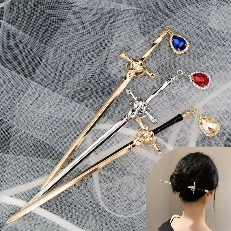 Punk Metal Sword Hairpin Chinese Ruby Hair Sticks for Women DIY Hairstyle Design Tools Accessories Dropshipping Gift