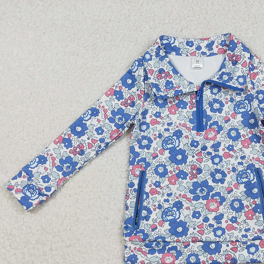 بلوفر بأكمام طويلة مزين بالزهور باللون الأزرق والوردي للفتيات الصغيرات مع جيوب بسحاب ملابس لليوجا النشطة للأطفال