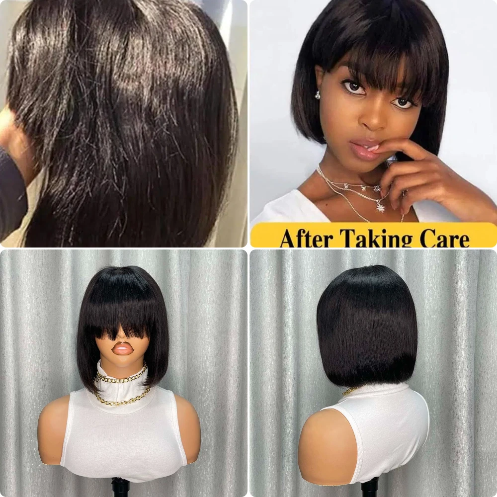 여성용 2x4 클로저 밥 가발, 짧은 스트레이트 블랙 밥 가발, 앞머리 있는 레미 인모 가발 (흑인 여성용)