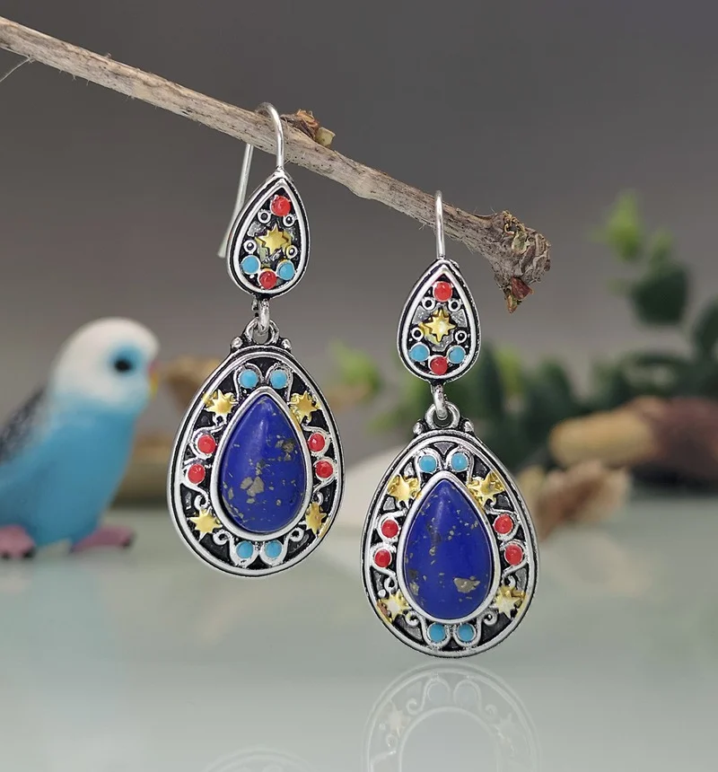 Retro color separation lapis lazuli earrings Bohemian ethnic Blue stone orchid earrings