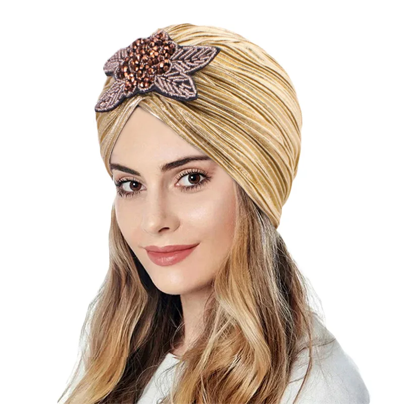 Fashion Women Gold Silver Diamond Jewelry Turban Cap Muslim Glitter Hijab Bonnet Pleated India Caps Ladies Hair Accessories Hat