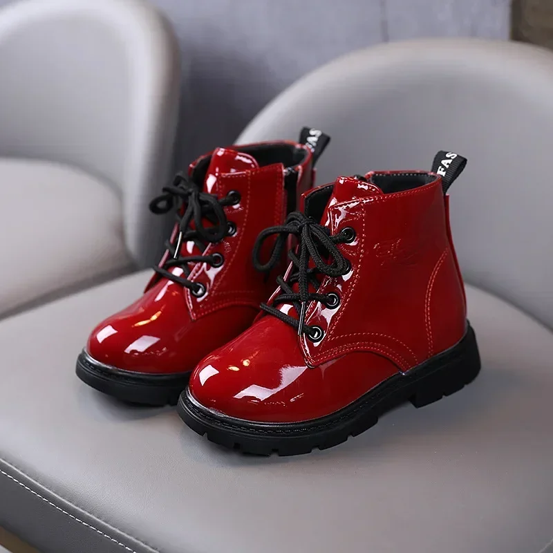 Botas curtas de couro com laca infantil, tênis feminino, sapatos de meninos, sapatos infantis, moda, primavera, outono, 2023