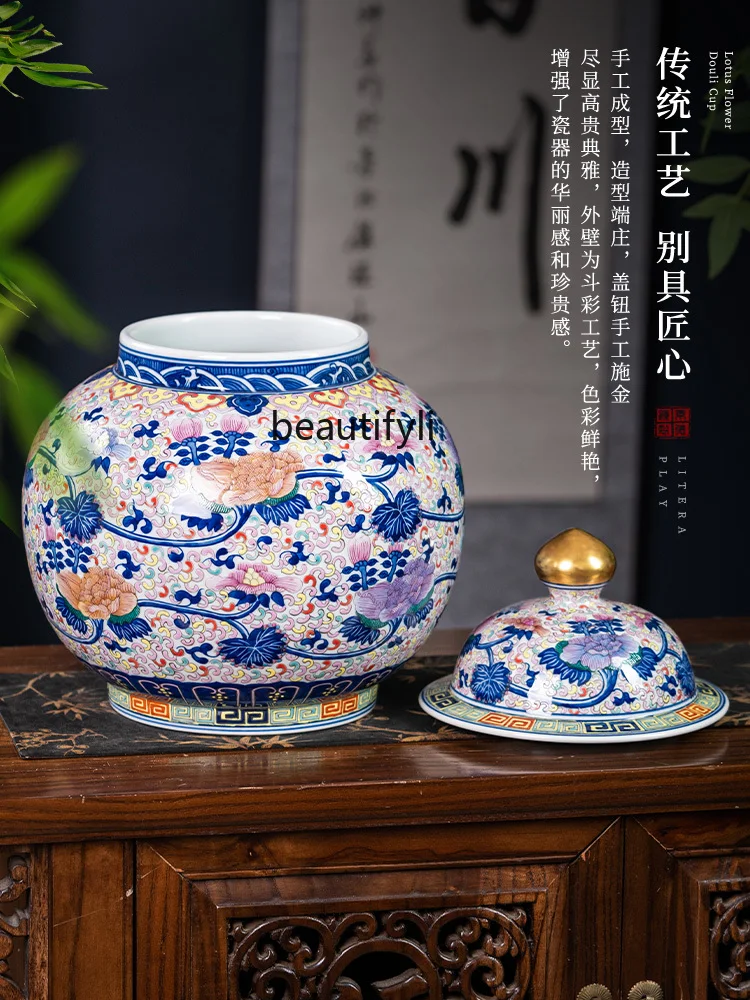 Jingdezhen Ceramic Tea Pot Hand Painted Decoration Chinese Household with Lid Storage Tank